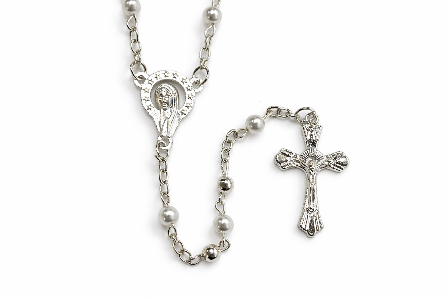 Silver & Pearl Rosary Necklace